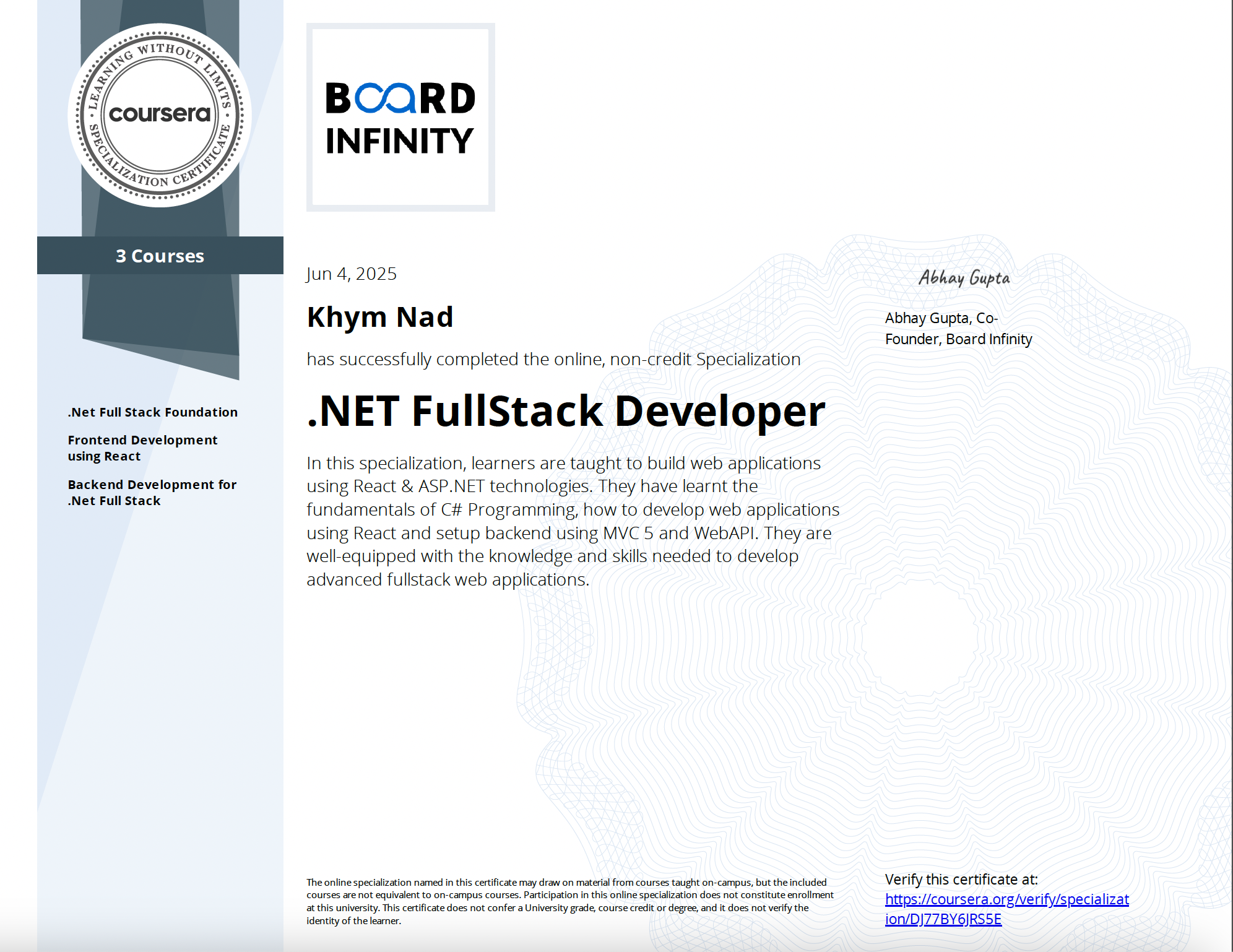 .NET Full Stack Certificate